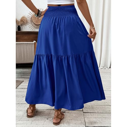 Lmdudan 2025 Summer Women's Boho Skirt Elastic High Waist Pleated A-Line Flared Maxi Skirts Womens Flowy Long Skirts4