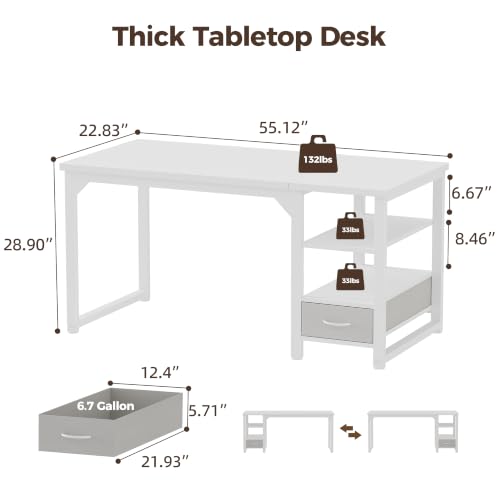 Image of Mericonia 54 in Computer Desk with Drawer, 1 inch Thick Reversible Office Desk | Large Modern Writing Table with Storage Shelves, Heavy Duty Industrial Executive Desk for Home Bedroom Study Work
