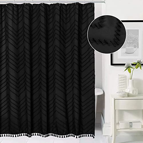 Siiluminisoy Extra Long Black Boho Shower Curtain with Tassel, Woven Fabric 84 in Shower Curtain, 72 x 84, Tufted Chevron Striped Modern Chic Textured Minimalist Bathroom Shower Curtain Siiluminisoy Extra Long Black Boho Shower Curtain with Tassel, Woven Fabric 84 in Shower Curtain, 72 x 84, Tufted Chevron Striped Modern Chic Textured Minimalist Bathroom Shower Curtain
