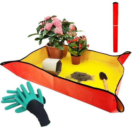 39x30 Orange Thickened Repotting Mat for Plant Transplanting Waterproof Tray for Potting Soil Mess Control Portable Gardening Mat with Protective Gloves Best Gift for Gardeners