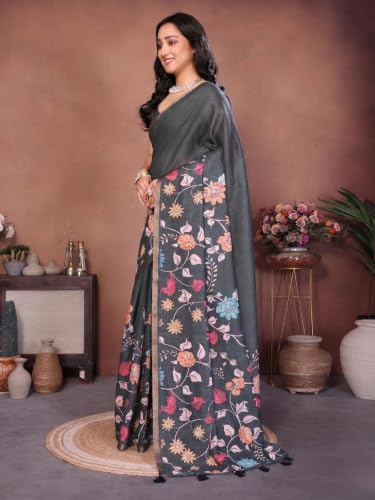 Image of SAMANTHA Black Floral Print Ready to Wear Linen Saree with Pocket & Adjustable Belt