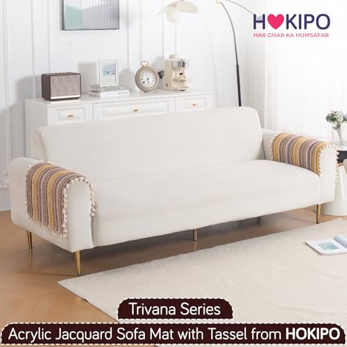 Image of HOKIPO Sofa Arm Cover with Tassel | 300 GSM Thick Cotton Acrylic Jacquard Armrest Mat, 50x70 cm, Pack of 2,'Trivana Series' Chocolate Brown (IN-931-J4*2)