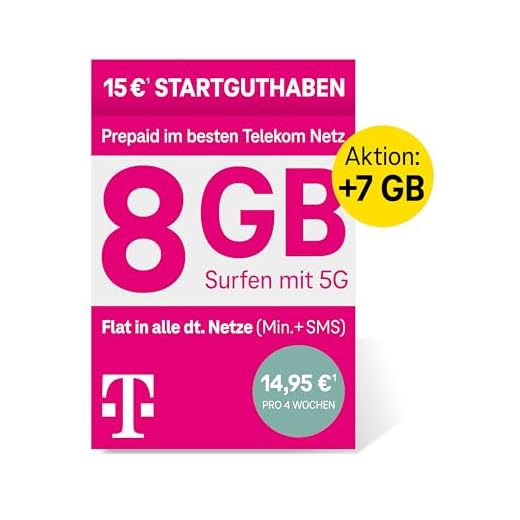 Telekom MagentaMobil Prepaid L SIM-Karte ohne Vertragsbindung, 5G inkl. I 15 GB & Allnet Flat (Min, SMS) in alle dt. Netze + EU-Roaming I Surfen mit 5G/ LTE Max & Hotspot Flat I 15 EUR Startguthaben