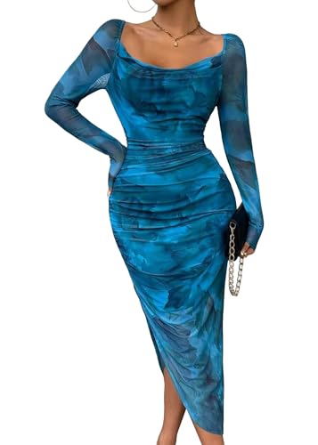 Image of MOEENCN Sexy Women's Bodycon Midi Dress Long Sleeve High Slit Cowl Neck Floral Print Cocktail Party Club Ruched Dresses