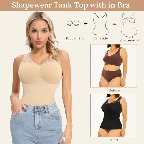 Vivashape Women's Cami with Built in Bra Padded Tummy Control Shapewear Compression Tank Tops Body Shaper V Neck with Lace - Nude Medium - image 3