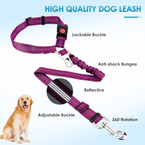 Image of SlowTon Dog Seat Belt for Car, 2 Pack Dog Car Harness Seatbelt with Bungee | 2 in 1 Pet Car Leash Headrest Restraint & Dog Safety Tether Clip, Adjustable with Elastic Buffer, Reflective, Fushia M /L