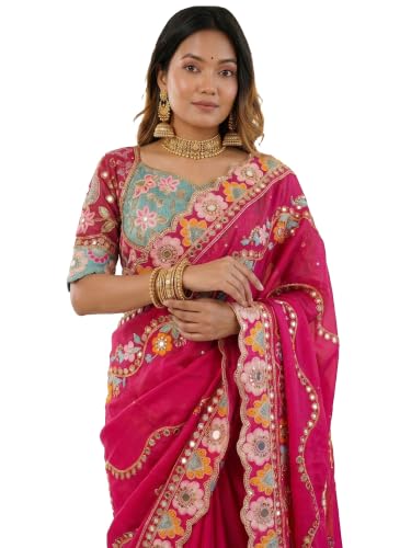 Image of AKHILAM Women's Pure Georgette Embroidered Saree With Unstitched Blouse Piece