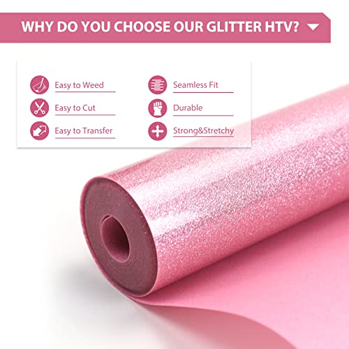 Image of HTVRONT Pink Glitter Heat Transfer Vinyl - 12 inch x 10ft Pink Glitter Iron on Vinyl for Shirts, Glitter HTV Vinyl Rolls for Heat Vinyl Design