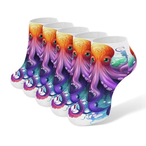 5 Pairs of Cotton Ankle Socks for Women Men Colorful Octopus Low Cut Socks for Running Hiking No Show Athletic Sock