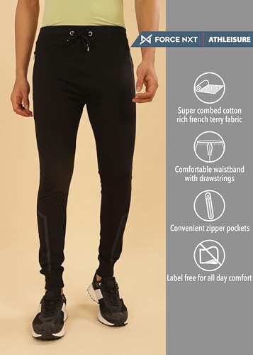 Image of Force NXT Men's Super Combed Cotton Rich French Terry Fabric Solid Joggers | Active Joggers for Men | Comfortable Waistband with Zipper Pocket for Daily Workout