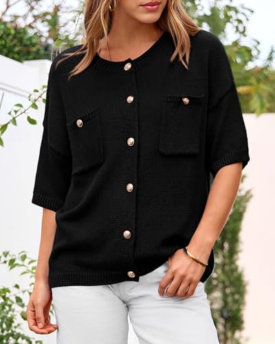 BTFBM Short Sleeve Cardigans for Women Button Up Sweaters Y2k Spring Summer 2025 Crew Neck Business Casual Work Clothes2