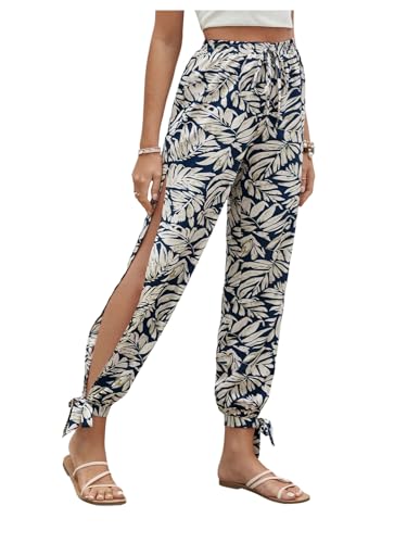 Floerns Women's Boho Elastic High Waist Split Pants Knot Vacation Beach Trousers