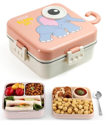Image of TEKCOOL Pink Kids Lunch Box - Stainless Steel Insulated Tiffin for School with Spoon, BPA-Free | Leak-Resistant Bento Box with Tray & Container | 1120ml + 70ml (Pink, Super Elephant)';