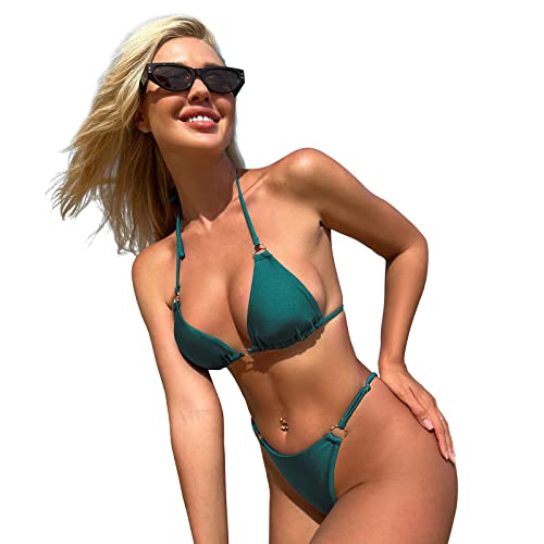 Miketai Sexy Bikinis For Women 2 Piece Bikini Spaghetti Strap Swimsuits Solid Color Bathing Swimwear Triangle Bathing Suit (Dark Green L) #TOP2