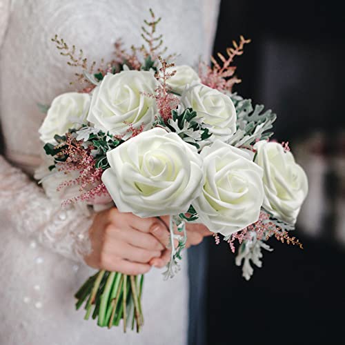 Luinabio 100 Pcs Artificial Flowers Real Looking Rose Flowers Foam Fake Roses with Leaves and Stems for DIY Wedding Bouquets Centerpieces Bridal Shower Party Home Decor(Ivory)