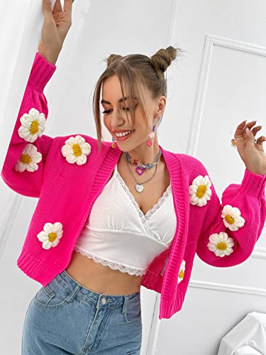Makemechic Women's Floral Applique Lantern Sleeve Open Front Cropped Cardigan Sweater Hot Pink L #TOP3