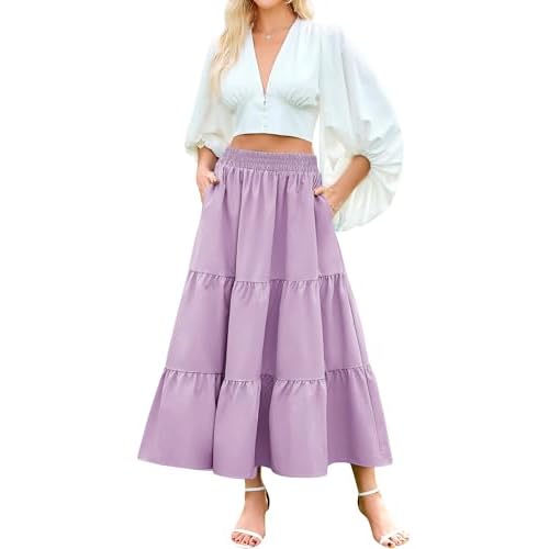 Arolina Maxi Skirt for Women Summer Boho Elastic High Waist Pleated A-Line Flowy Ruffle Swing Tiered Long Beach Skirt Dress X-Large Light Purple With Pockets