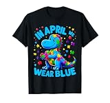 Autism Awareness in April We Wear Blue T-Rex Dino T-Shirt