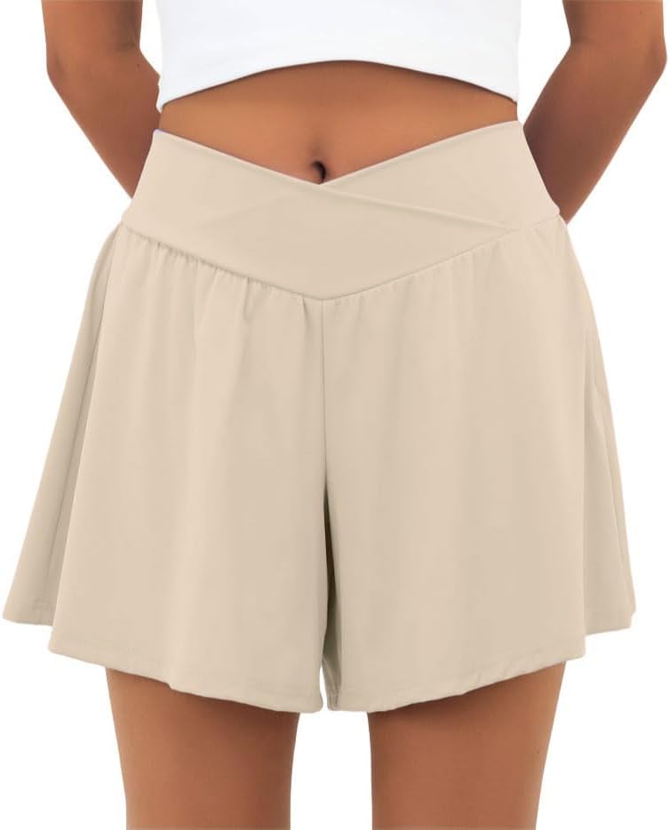 PrinStory Athletic Shorts for Women High Waisted Tennis Skorts Lightweight Workout Running Flowy Shorts with Pockets Khaki-S