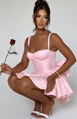 TORYEMY Satin Short Homecoming Dresses with Bow A Line Spaghetti Straps Jacquard Cocktail Party Dresses for Teens3