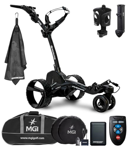 MGI Zip Navigator Electric Golf Cart with Travel Bag Bundle | Full Directional Remote Controlled Motorized Golf Push Cart with Accessories and Signature Series Golf Towel | Plays 36 Holes
