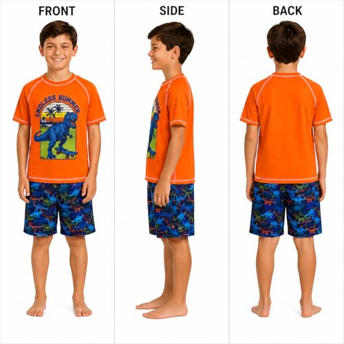 Image of Quad Seven Boys 2-Piece Rash Guard Swimsuit Set Short-Sleeve (Sizes 5-12) | Lightweight Quick-Dry Fabric with Sun Protection, Matching Top & Trunks, Adjustable Drawstring Waist for Pool or Beach Days