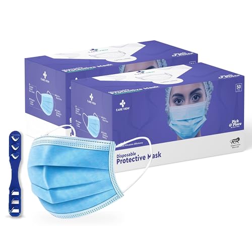 Image of Careview N95 SITRA Approved, 3 Ply Disposable Surgical Mask (Blue, Pack of 100) With Built in Metal Nose Pin and 1 Melt Blown Layer