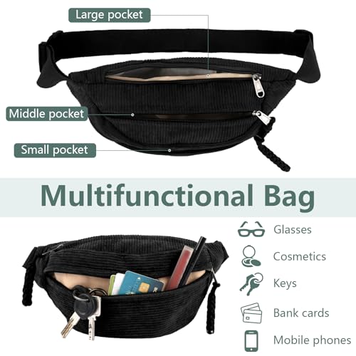 Bauchtasche Cord, Crossbody Bag Damen, Cord Umhängetasche, Modische Gürteltasche mit Schultergurt Einstellbar, für Damen Herren Outdoor Sport, Reise, Schule, Arbeit, (Schwarz)