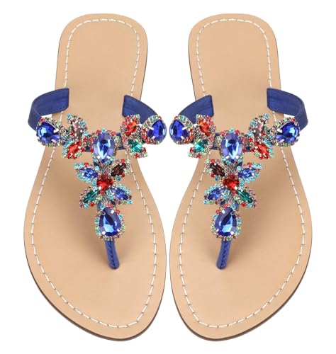 Image of Rhinestone Sandals for Women - Sparkly Jeweled Bling Thong Flip Flops, Dressy Gemstone Flat Sandals for Wedding, Party, Beach & Summer Outfits
