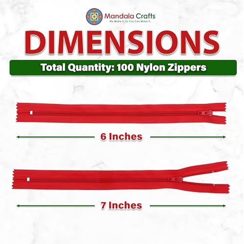 Image of Mandala Crafts 100 PCs Red Closed-End 6 Inches Nylon Zippers for Sewing