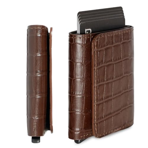 Image of Jenoss Smart Wallet For Men: Full Grain Leather, Handcrafted, Slide Metal Pop Up Case, Slim RFID Blocking Credit Card Holder, Minimalist, Compact, 6-8 Cards Organizers, Front Pocket, Clip (Burgandy)
