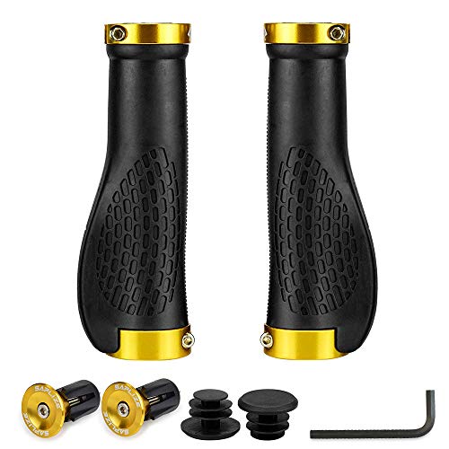 SAPLIZE Bike Handlebar Grips, Ergonomic Design, PR11 (Black, Yellow Rings, with Aluminium End Caps)