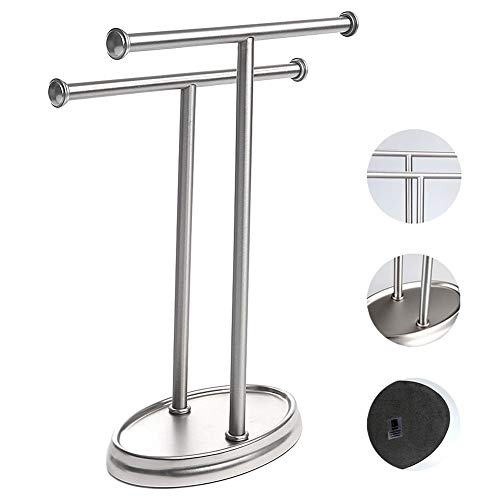 M-TOP Expositor de Joyas Soporte de Pie, Toallero de Doble T con Soporte para Joyas, Toallero de Pie Acero Inoxidable con 2 Brazos, Perchero de Pie Baño Colgador Toallas DuchaSilver