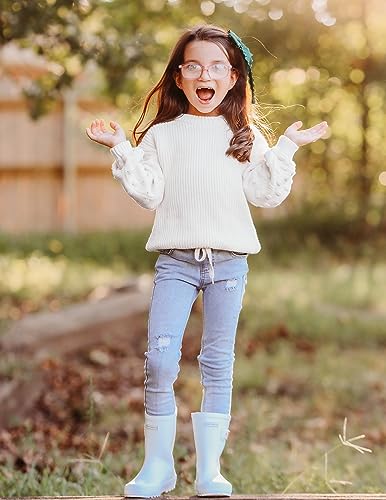 Image of Arshiner Girls Crewneck Sweaters Chunky Lantern Sleeve Knit Jumper Tops Casual Drop Shoulder Pullover Outwear for 5-13 Years