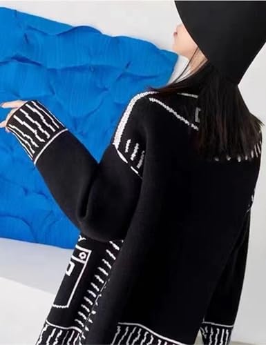 Image of Women Print Graffiti Unique Cardigan Sweater Y2k Fake Pocket Long Sleeve Button Up Open Front Knit Sweaters Coat