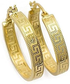 PR141 Small Greek Key Hoop Earrings Yellow Gold 14 Carat/585 Gold (3 mm x 14 mm Diameter) 