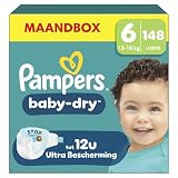 Pampers Pannolini taglia 6 (13 – 18 kg) Baby-Dry, extra large, confezione mensile, fino a 12 ore, protezione completa contro le perdite, 148 pezzi