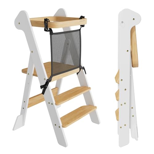 COSYLAND Torre de Aprendizaje Plegable Desde 1 Año – Premio iF Design, Torre Montessori con Red de Seguridad y Altura Ajustable, Ideal para Cocina y Baño, Foldi (Blanco y Natural)