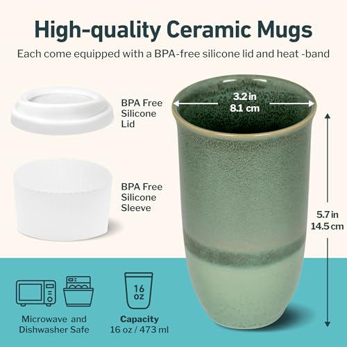 Image of NOVA CERAMICS Coffee Travel Mug - Reusable Coffee - Microwave & Dishwasher Safe Coffee Green Tumbler - Gifts For Women Men Him Her - 16oz - Emerald