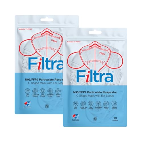 Image of Filtra N95 Mask with Ear Loops | FFP2 Mask with Ear Loops | BIS Certified | 5 Layer & Thick Ear Loops | High Filtration | Zip Lock Travel Pouch of 10 Masks