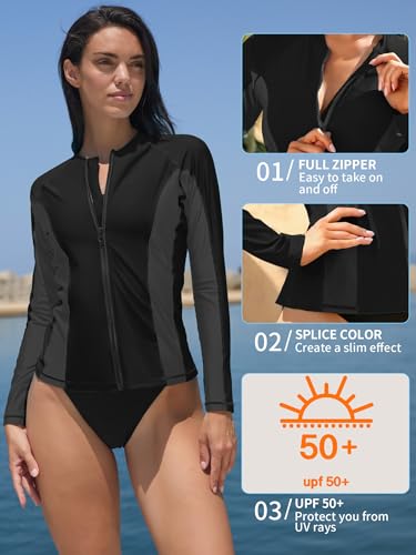 Image of ATTRACO Women's Rashguard Swimsuit Zip Front Sun Protection Swim Shirt UPF 50+