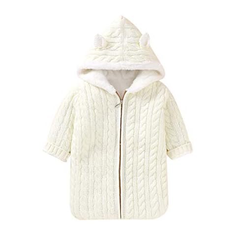 DovFanny Baby Boys Girls Swaddle Blanket Stroller Wrap Blankets Unisex Winter Solid Color Cable Fleece Hooded Zipper Thick Sleeping Bag 0-6 Months White Cover