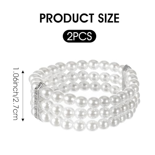 Pearl Cuff Bracelet 2pcs 1920s Imitation Pearl Bracelet Multi-Layered Elastic Bangle 3 Rows Faux Pearls Accent White Stretch Wrist Vintage Bracelets For Women Bridal Wedding Jewelry2