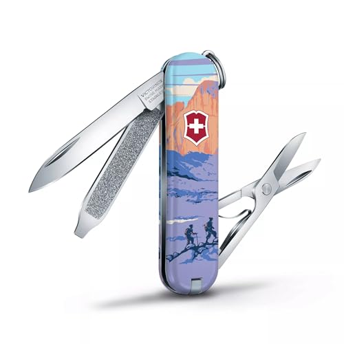 Image of Victorinox Classic SD Swiss Army Knife, Rocky Mountains National Park | 7-Function Swiss Mini Knife, Small Blade, Nail File, Screwdriver, Key Ring, Swiss Made, Compact EDC for Keys and Bags