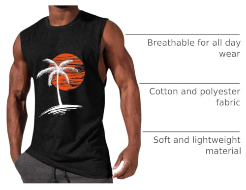 Image of Mens Tank Tops Summer Beach Vacation Sleeveless Shirts Hawaiian Palm Tree Print Soft Tops