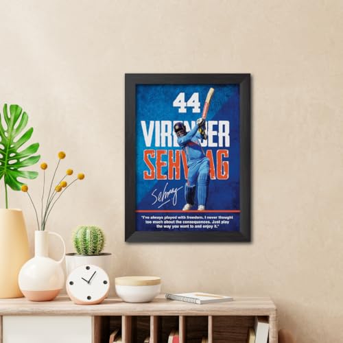 Image of TenorArts Virender Sehwag Poster with Quotes Indian Legend Cricket Player Photo Frame Painting with Matt Finish Black Textures (12 inches x 9inches)