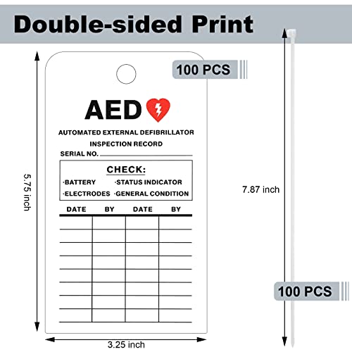 Ireer 100 Pcs Aed Automated External Defibrillator Inspection Record, 5.75'' X 3.27'', Double Sided Inspection Record Tags With Cable Zip Ties Aed Defibrillator Inspection Tags For Home #TOP1