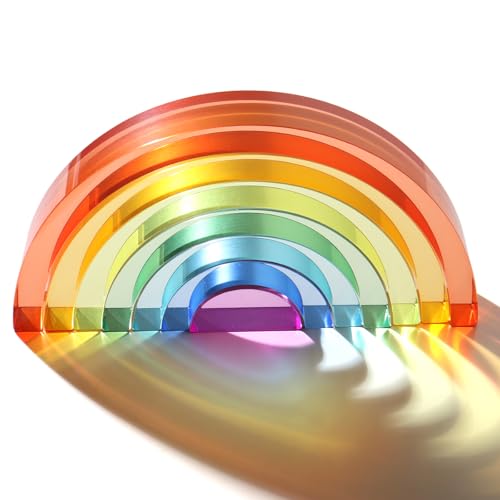 Dinhon Acrylic Rainbow Blocks Set - 7 Colors Graduated Arch Blocks Gem Rainbow Stacker Toy for 1 2 3 4 5 Years Old Boys Girls Gift Creative Building & Sensory Decorative Birthday Toy