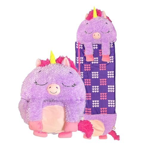 Happy Nappers Kids Sleeping Bag - Purple Unicorn Medium Size - Suitable for Children Aged 3 to 6 Years - Plush Toy Comfy Sleeping Bag & Fluffy Pillow All in One