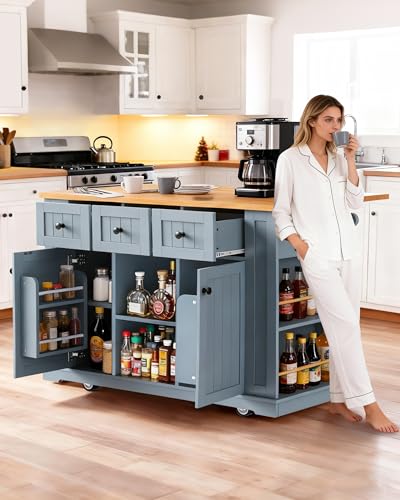 Kacvtuy 53'' Rolling Kitchen Island with Storage, Drop Leaf &